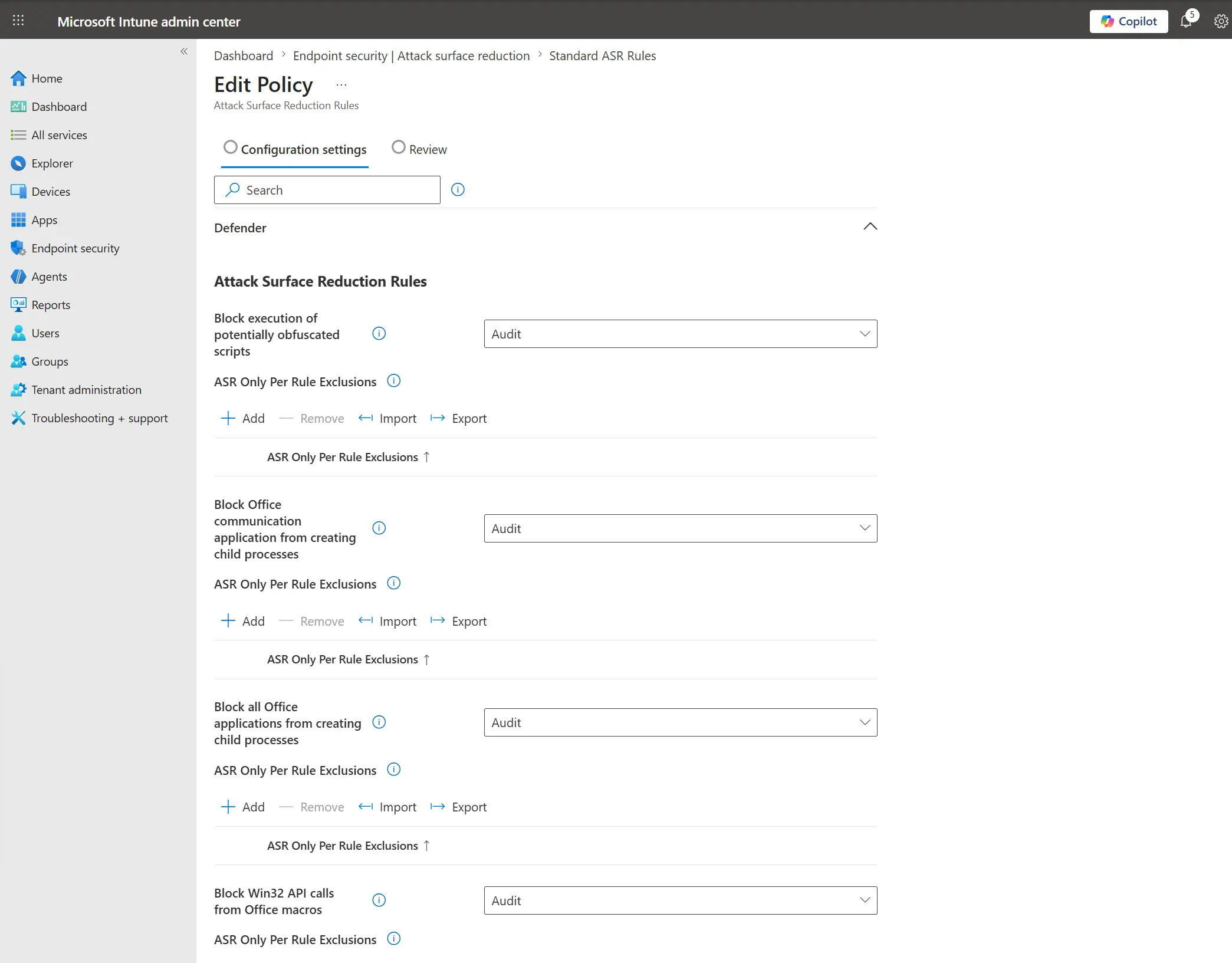 Attack Surface Reduction rules set to Audit in Intune