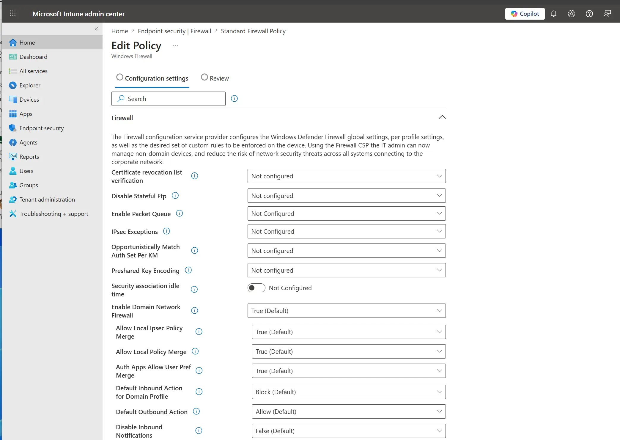 Windows firewall policy with Domain, Private, and Public settings
