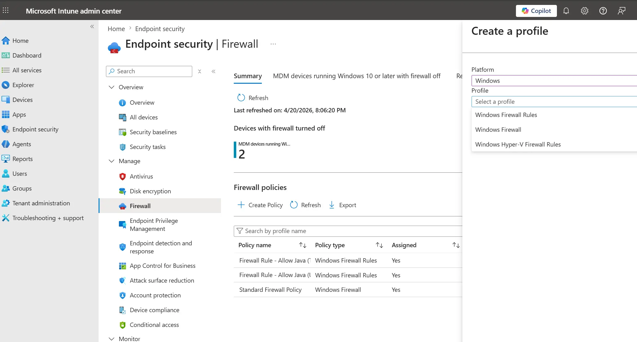 Create policy using Windows firewall rule profile