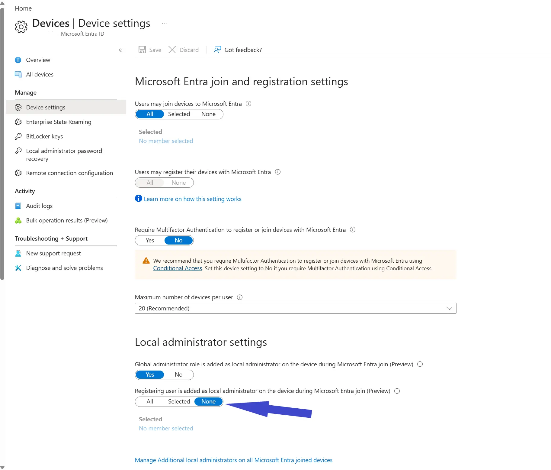 Microsoft Entra device setting to stop registering users becoming local administrators