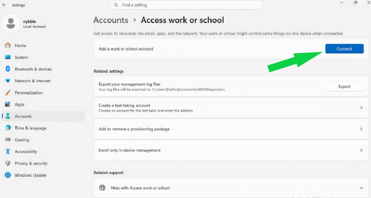 Settings: Accounts, Access work or school