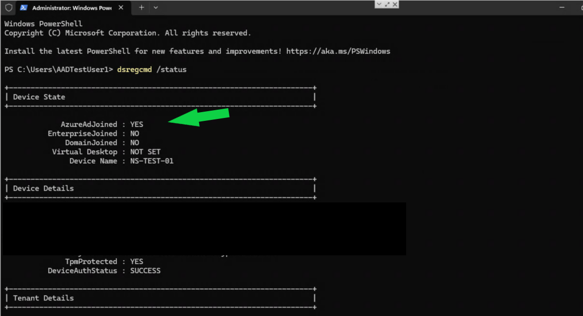 Example dsregcmd /status output